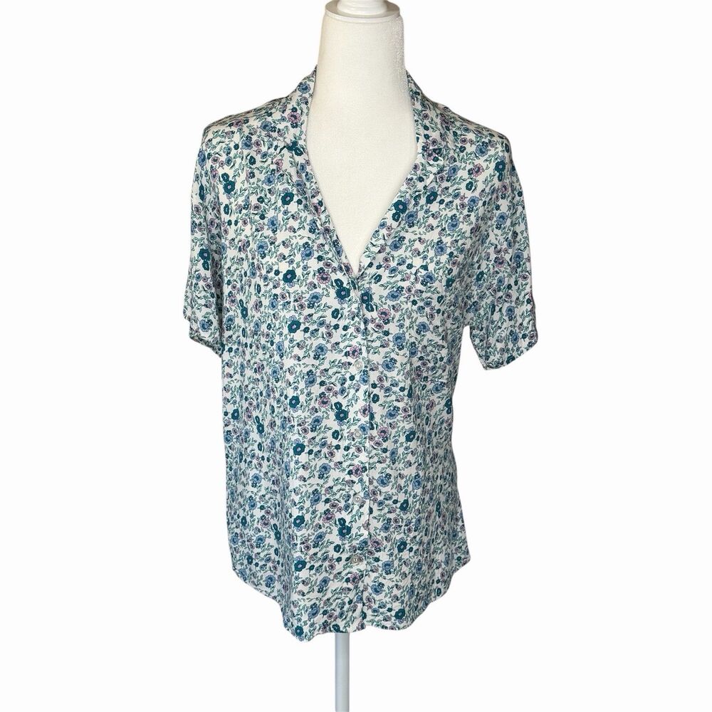 Self Esteem Women’s L Light Blue Mini Floral Short Sleeve Button Up Top‎ Shirt